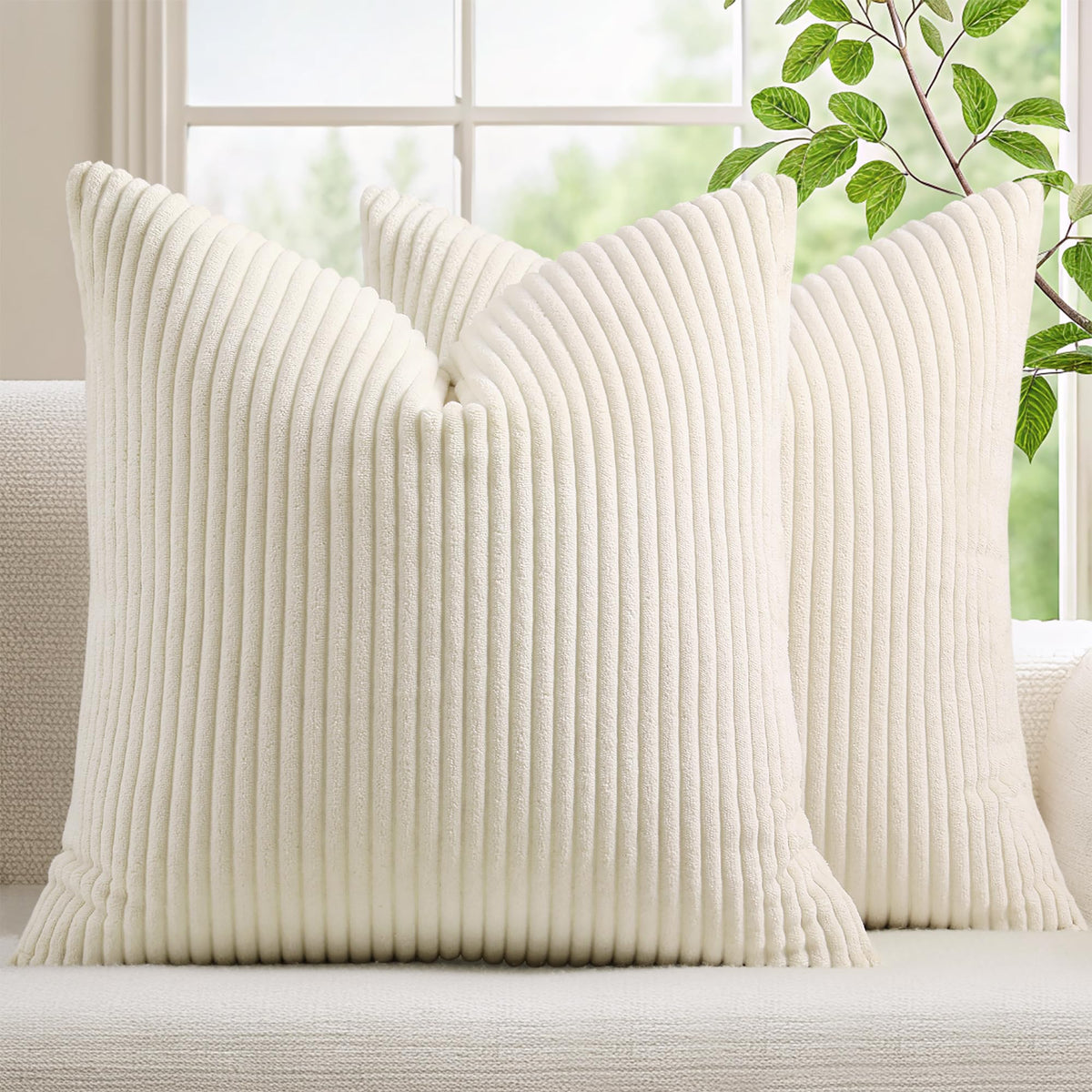Mecatny Corduroy Fall Throw Pillow Covers 18x18 Set of 2 Cream White