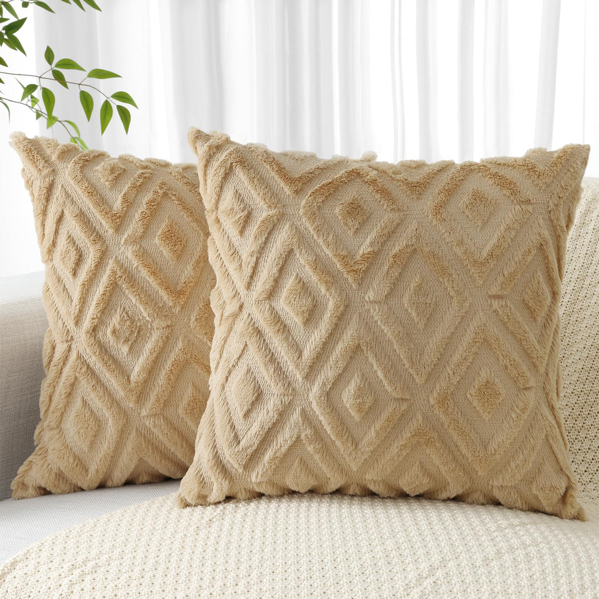 Pallene Fall Cream White Faux Fur Throw Pillow Covers 18x18 Set of 2