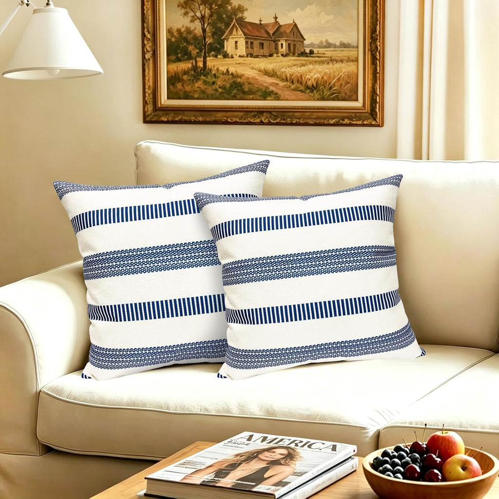 Farmhouse Boho Striped Throw Pillow Covers 18x18 inch Set of 2 Navy Blue