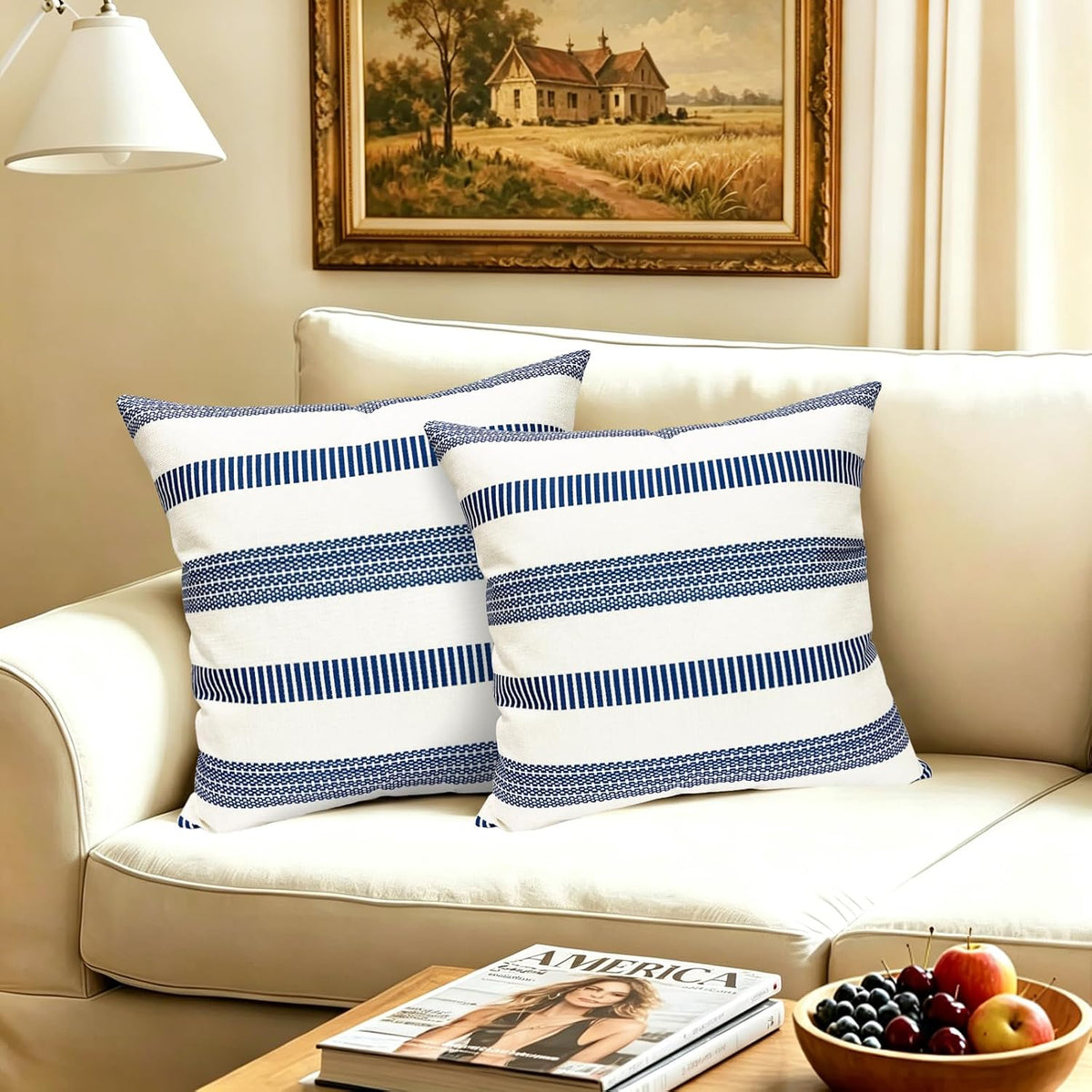 Farmhouse Boho Striped Throw Pillow Covers 18x18 inch Set of 2 Navy Blue