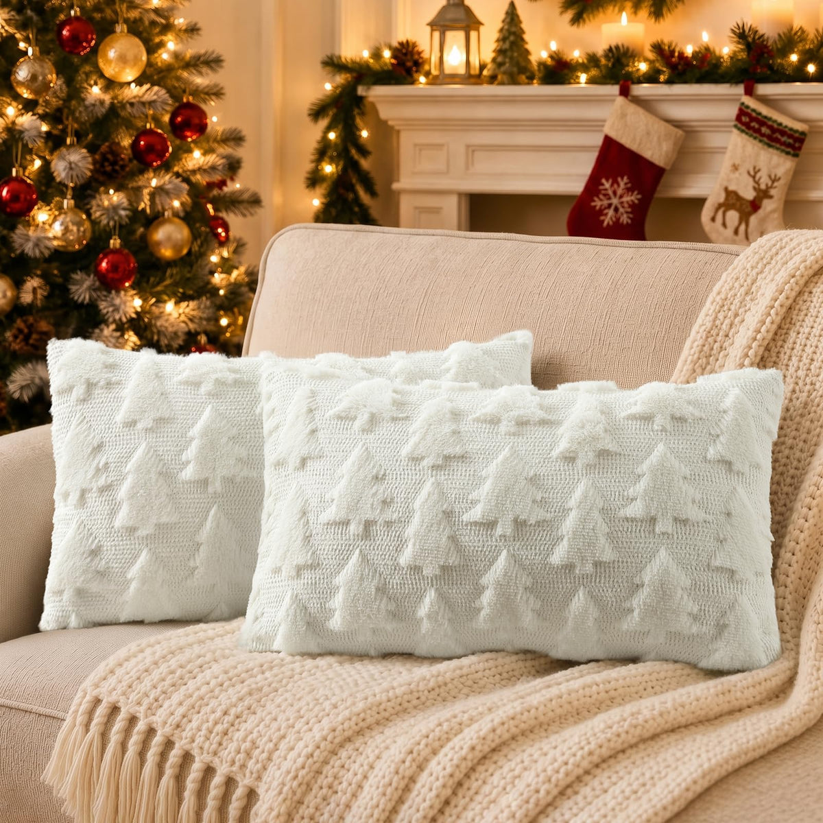 decorUhome Beige Bow Cute Girl Faux Fur Throw Pillow Covers 18x18 Set of 2