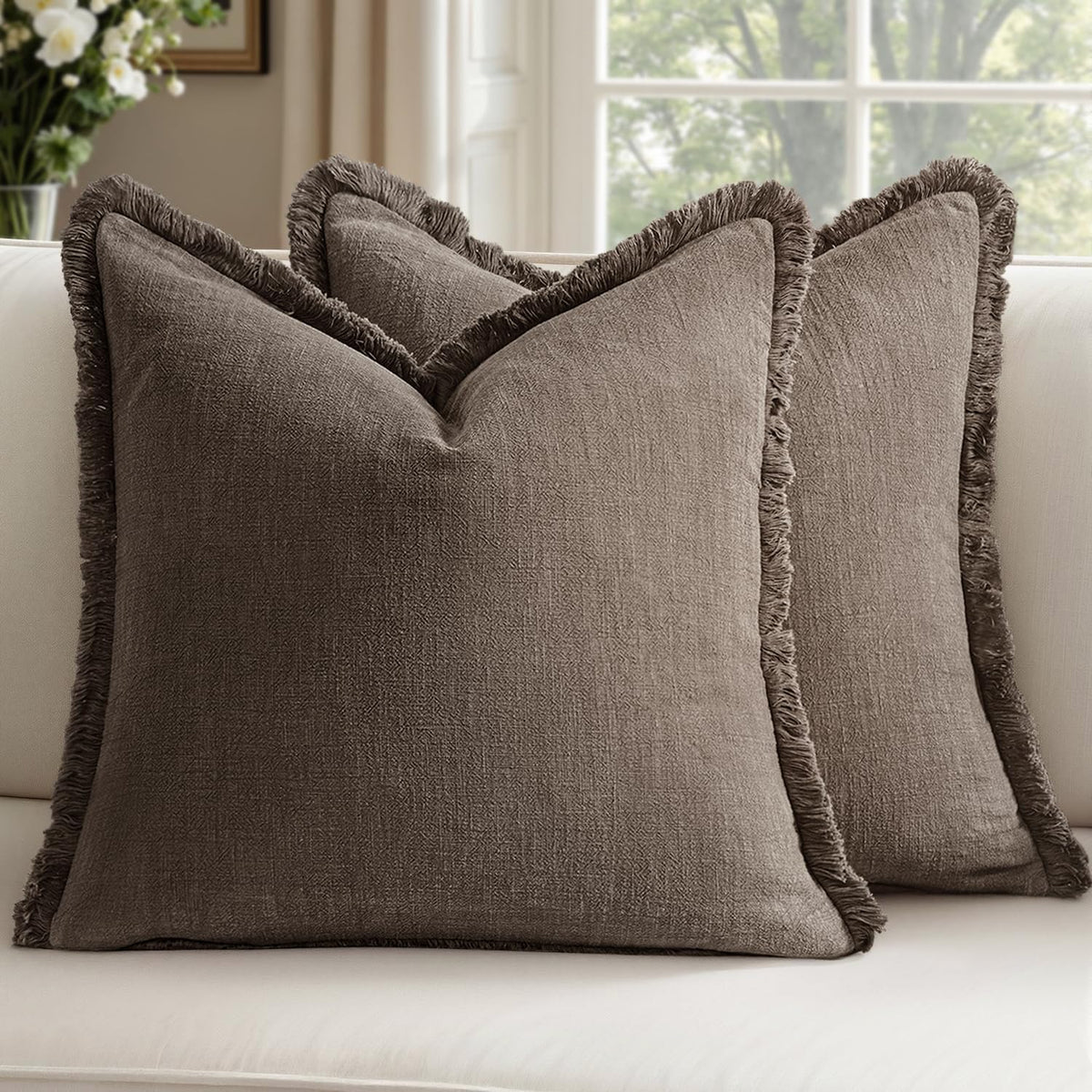 Linen Fringe Throw Pillow Covers 20x20 Inch Set of 2,Navy Blue