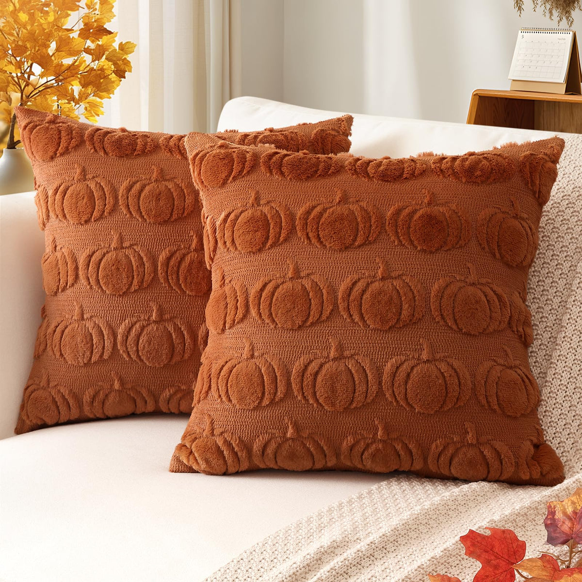 Artscope Maple Leaf Fall Pillow Covers 18 x 18 Set of 2 Decorative Autumn Harvest Holiday Throw Pillow Cases Soft Plush Faux Fur Couch Cushion Case for Farmhouse Sofa Bed Room Home Decor-Rust