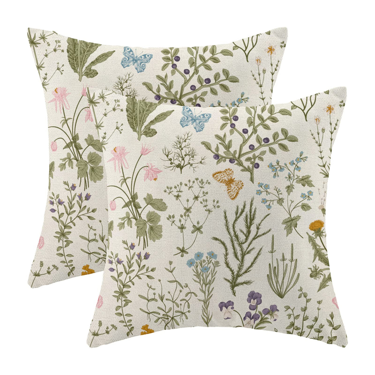 AEIOAE Spring Pillow Covers 18x18 Inch Set of 2,Blue Teal Wild Flower Plant Throw Pillows Case,Seasonal Floral Outdoor Decorative Square Linen Farmhouse Decor Cushion Covers for Home Sofa Bed Couch