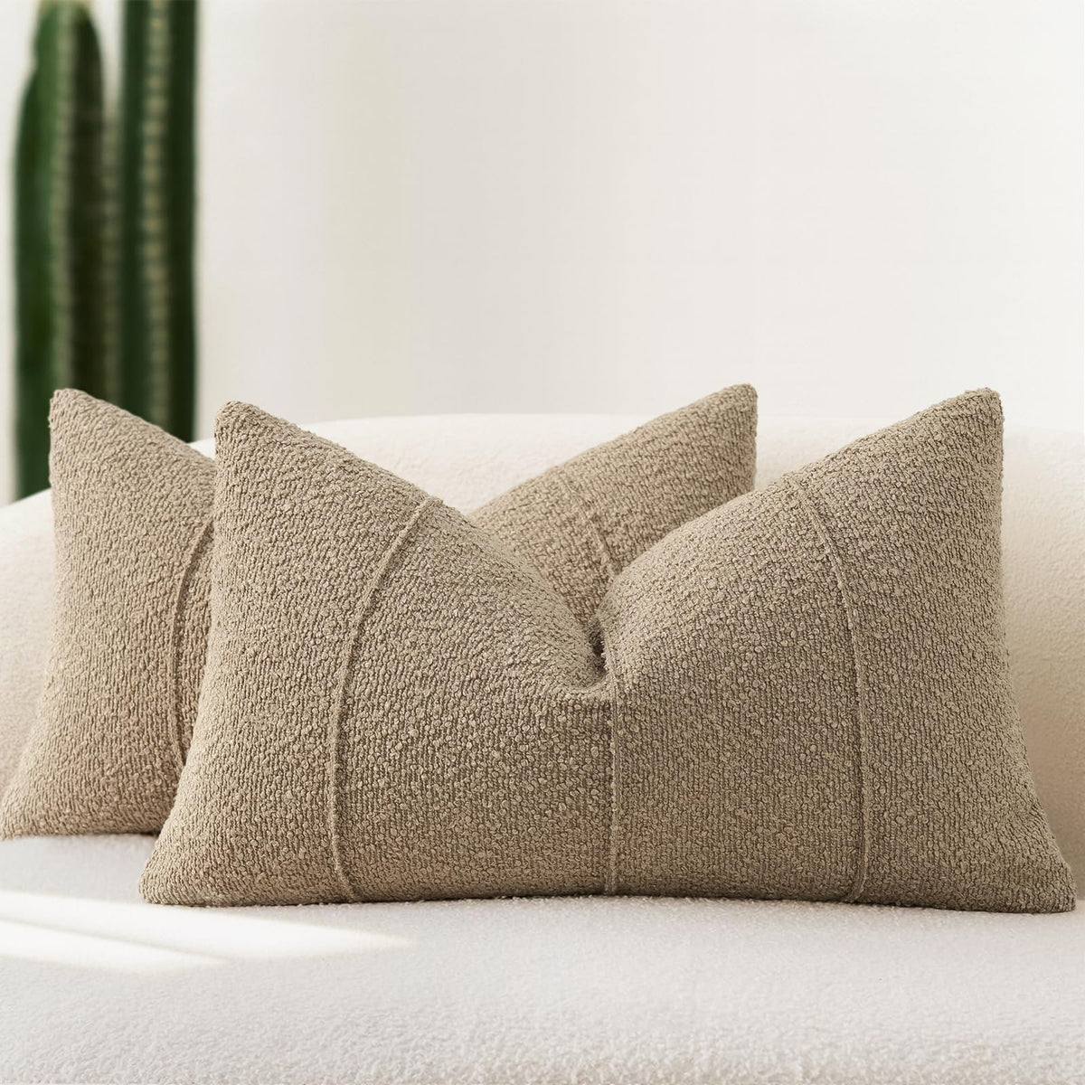 YCOLL Textured Boucle Throw Pillow Covers 20x20 Pack of 2 - Soft Neutral Striped Cushion Covers, Cozy Accent Decorative Pillow Covers for Couch, Sofa, Bed, Living Room (Ivory)