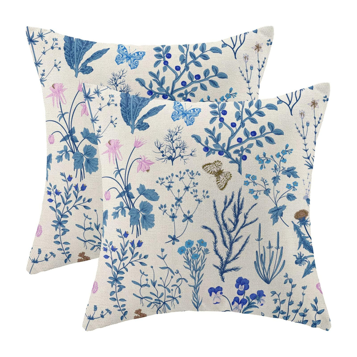 AEIOAE Spring Pillow Covers 18x18 Inch Set of 2,Blue Teal Wild Flower Plant Throw Pillows Case,Seasonal Floral Outdoor Decorative Square Linen Farmhouse Decor Cushion Covers for Home Sofa Bed Couch