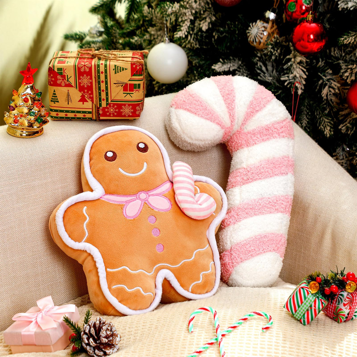 Yalikop 2 Pcs Christmas Gingerbread Cane Plush Pillows, Pastel