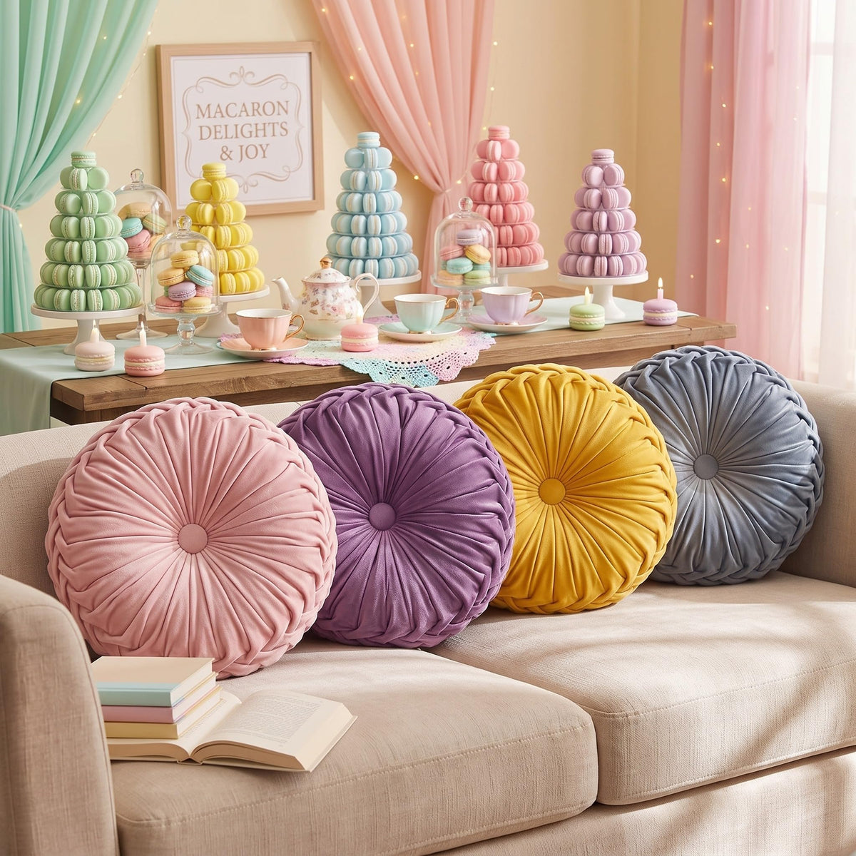 Kathfly 4 Pcs Round Throw Pillows Velvet Pleated Pillows, Vintage Colors