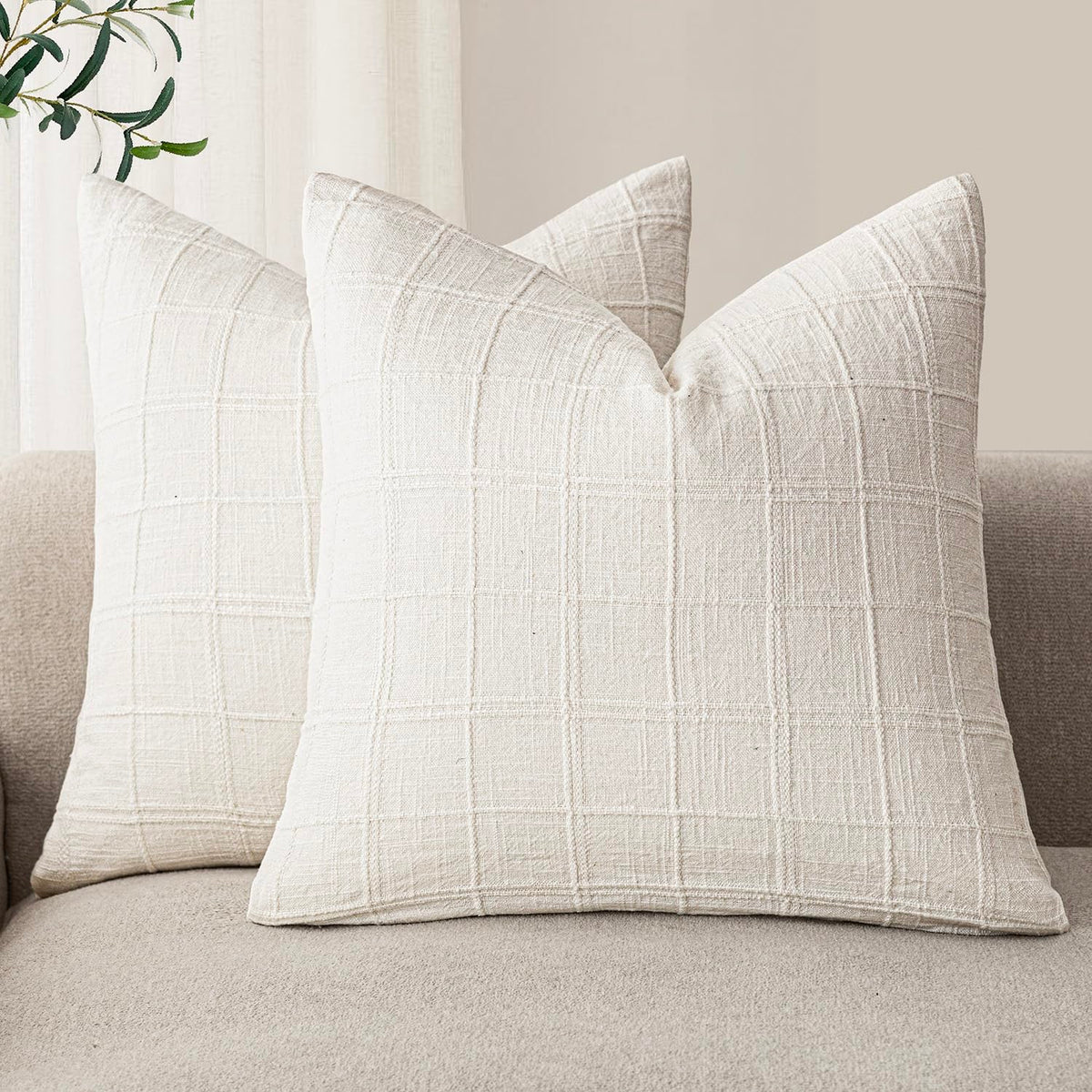 Foindtower Linen Check Decorative Throw Pillow Covers 18×18 Natural Beige