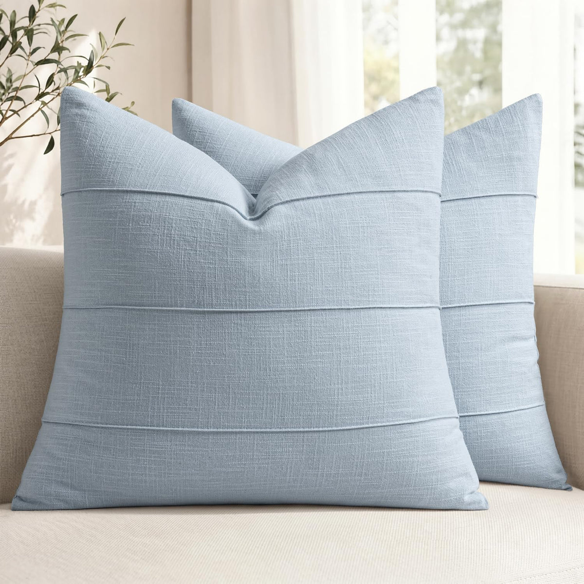 MIULEE Decorative Linen Throw Pillow Covers 18x18 Natural Beige Striped