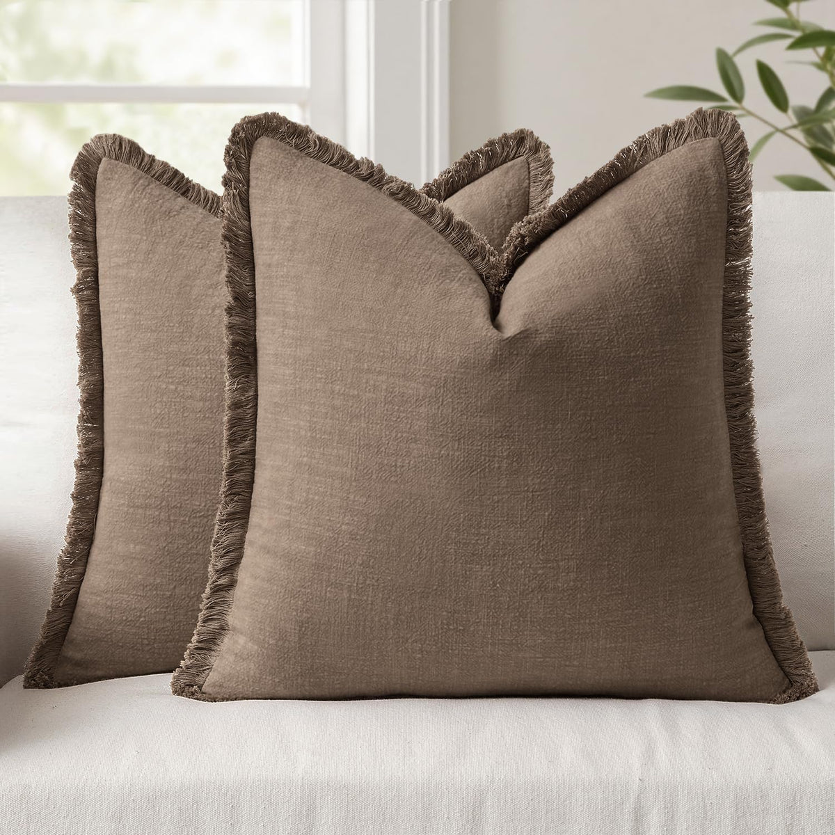 ANRODUO Decorative Linen Fringe Pillow Covers 18×18 Inch Sage Green 2 Pack