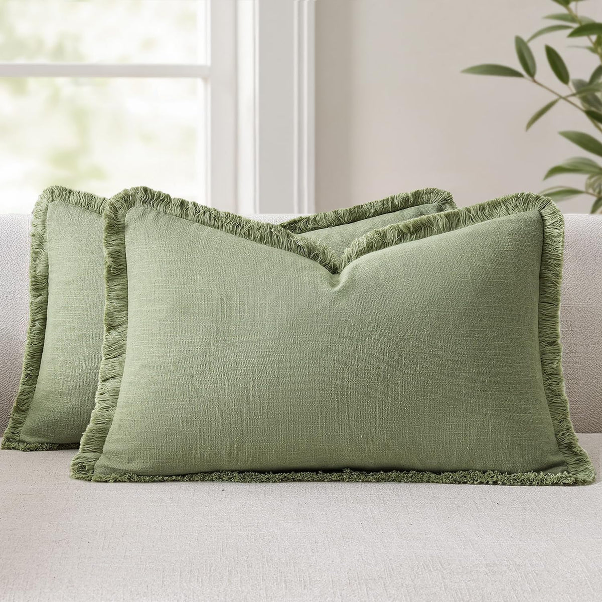ANRODUO Decorative Linen Fringe Pillow Covers 18×18 Inch Sage Green 2 Pack