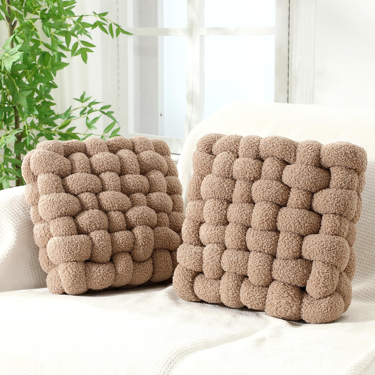 Wenqik 2 Pcs Knot Pillows Square Throw Pillow, Caramel, Crystal Velvet