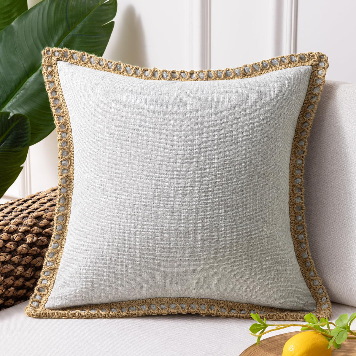 Phantoscope Pack of 2 Coastal Aqua Pillow Covers 18x18, Textured Polyester with Rope Trim, Fade Resistant Vintage Turquoise Blue Decorative Cushion Cases, Hidden Zipper, Farmhouse Boho Beach Decor