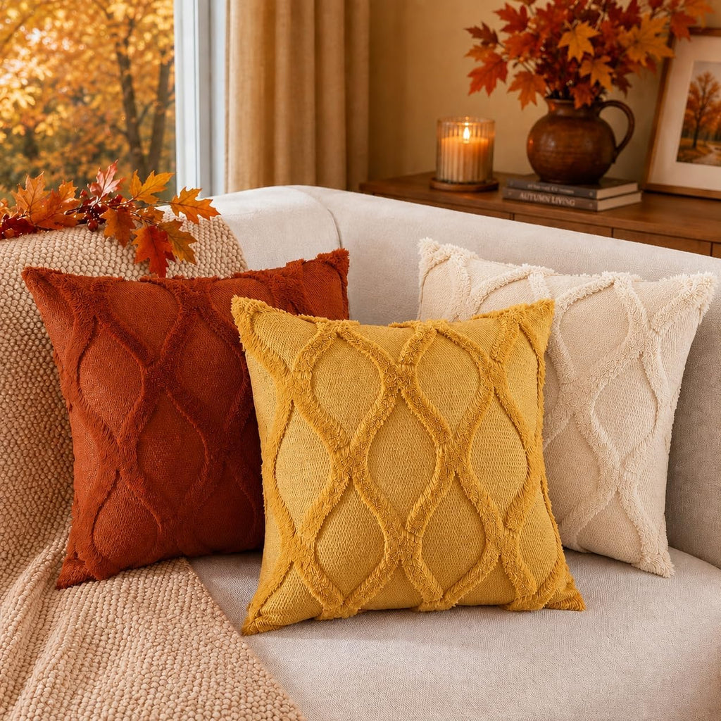 decorUhome Fall Throw Pillow Covers 18x18 Inch Set of 2, Soft Plush Faux Fur Wool Rust Couch Pillow Covers, Decorative Neutral Pillow Cases for Bed Sofa Living Room Home Decor