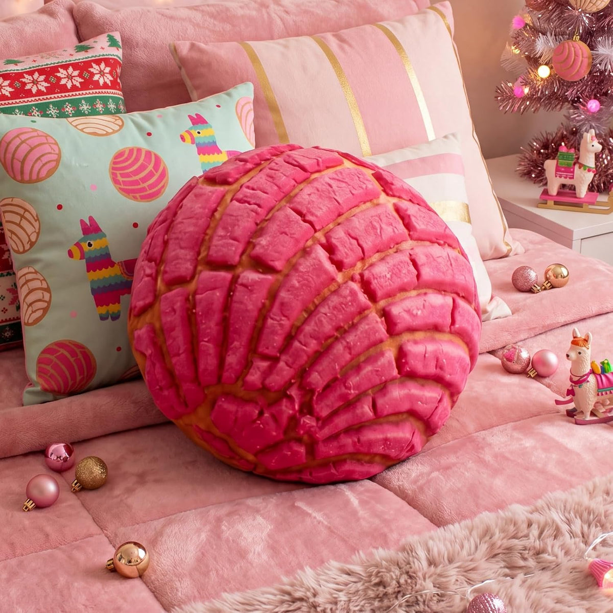 Yousoontic Pink Concha Throw Pillow 14 Inch Conchas Pan Dulce Decor 3D Round Mexican Bread Cushion Gift Funny Food Plush Stuffed Mexican Christmas Decorations for Sofa Bed Living Room Home