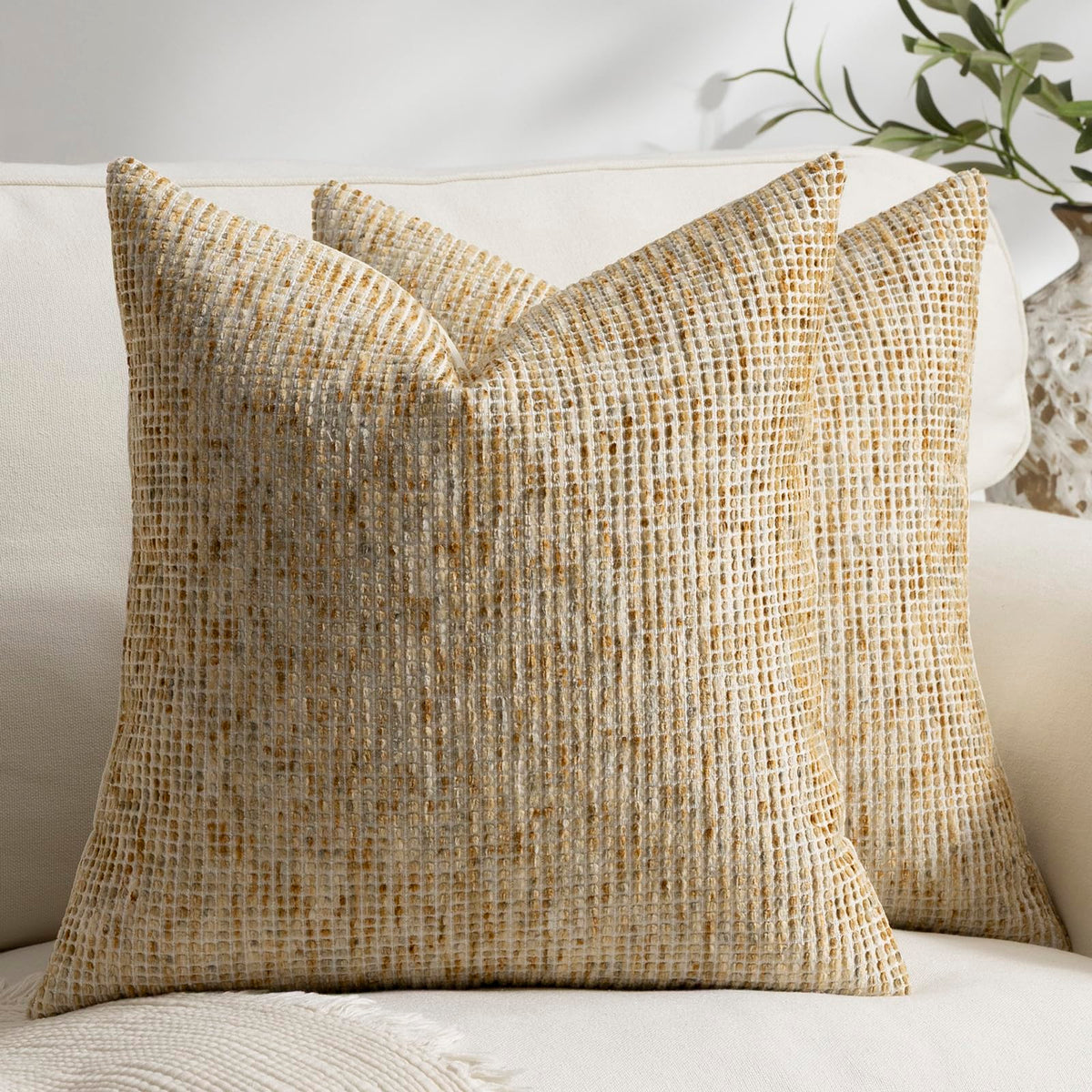 Pack of 2 Neutral Throw Pillow Covers 18x18 Boho Textured Dots Stripe Chenille Square Decorative Pillow Cases Accents for Living Room Couch Bed Farmhouse Home Decor, Taupe