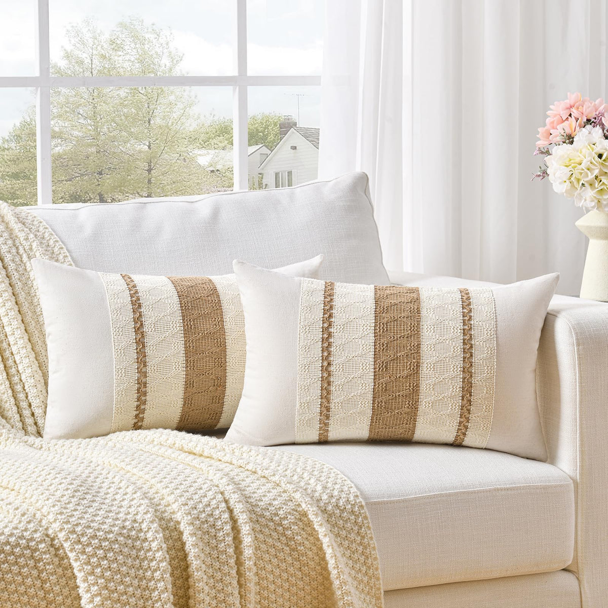 Fancy Homi Set of 2 Boho Olive Green Decorative Throw Pillow Cover 18x18 Inch for Couch Bed Sofa, Aesthetic Modern Organic Farmhouse Home Decor, Soft Cotton Cute Accent Macrame Woven Cushion Case