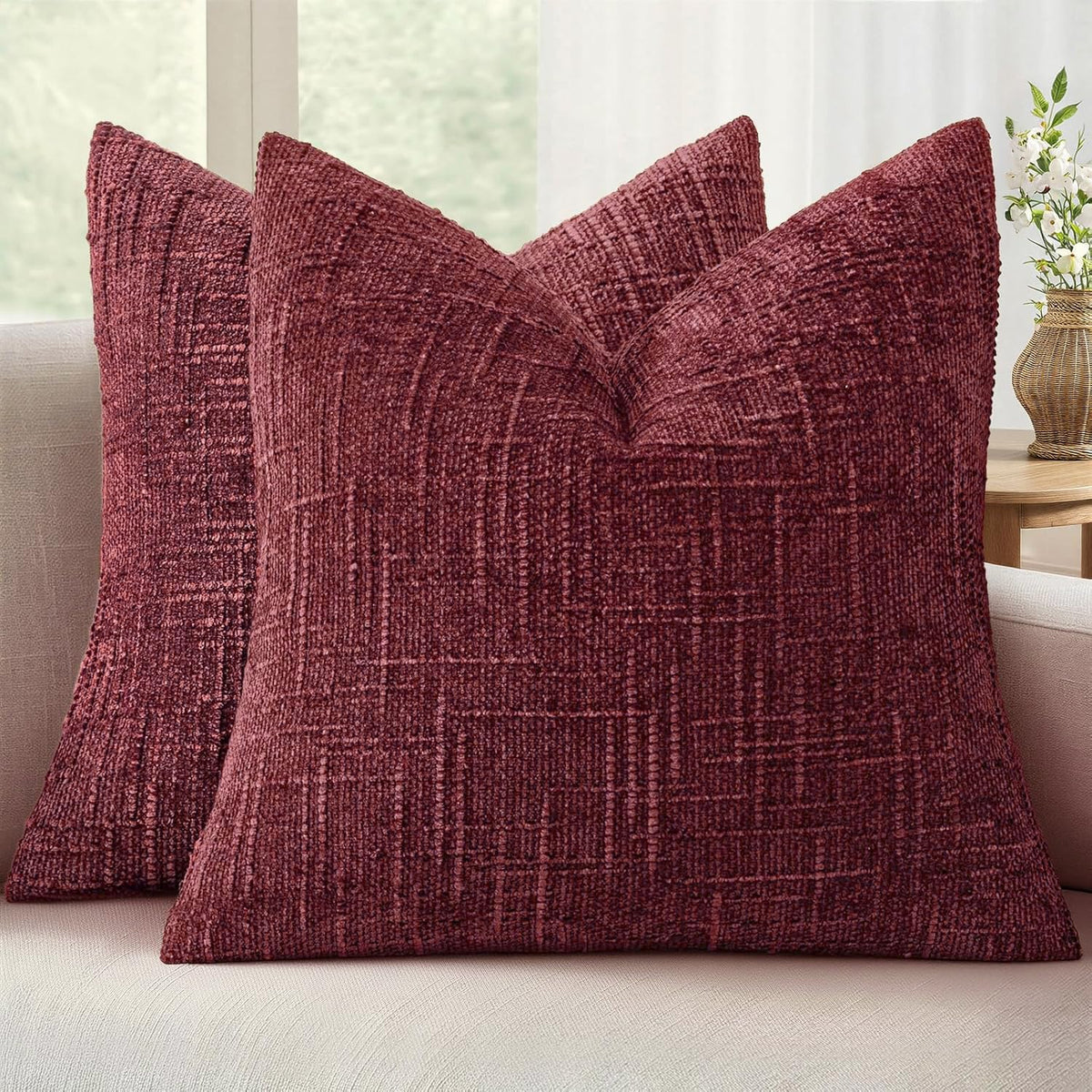 MIULEE Chenille Textured Throw Pillow Covers Cream White 18x18 Set of 2