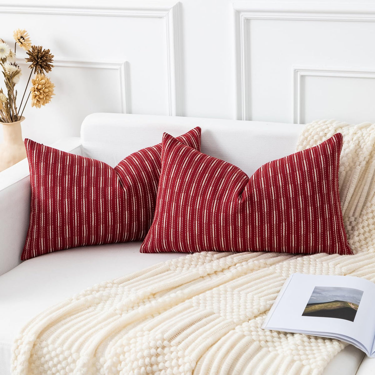 Kevin Textile Valentines Farmhouse Decorative Throw Pillow Covers Boho Woven Texture Burlap Linen Cushion Cover Striped Pillowcase, Wine Red 18 x 18 inches Pack of 2