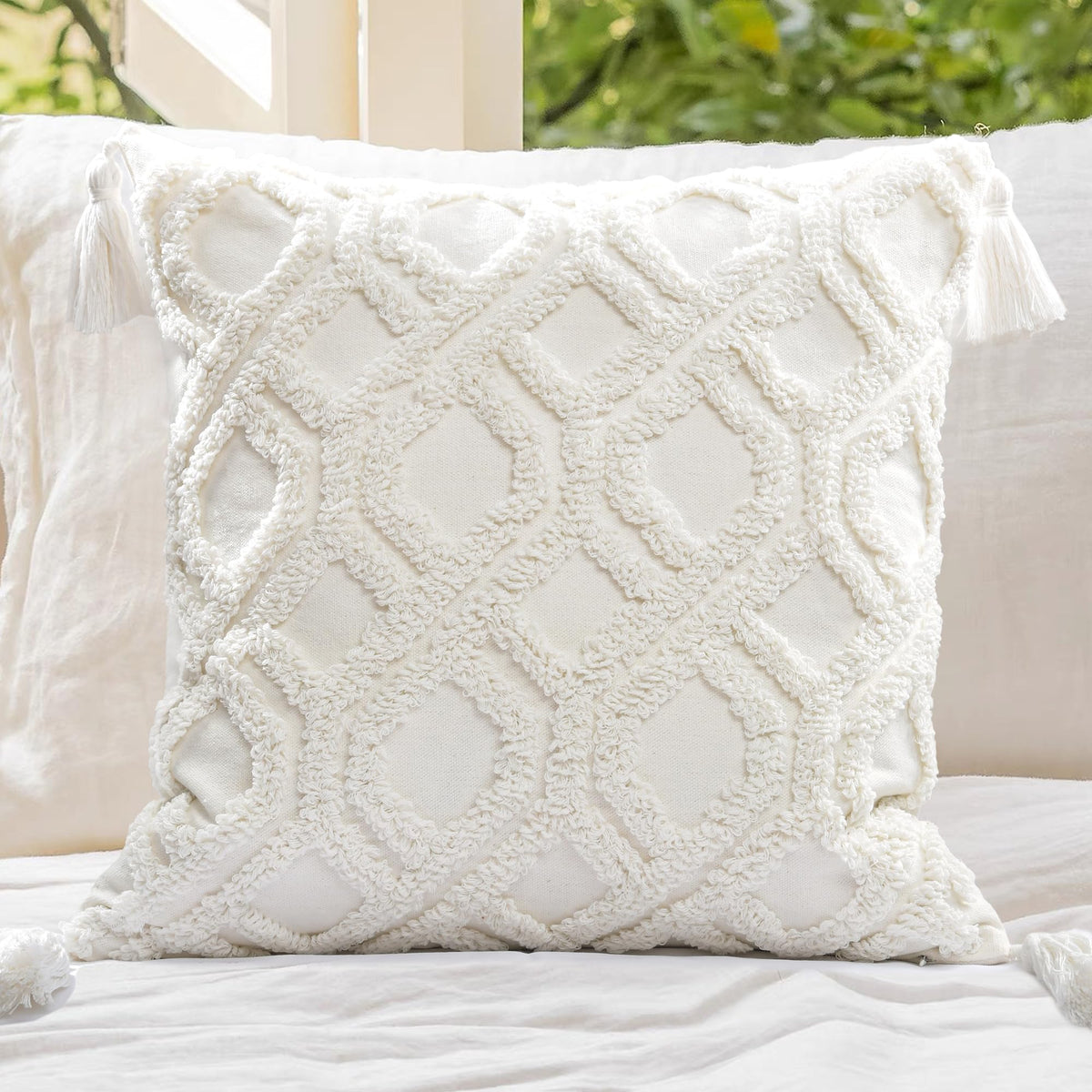 Boho Sofa Throw Pillow Covers – Exquisitely Crafted with Hand-Finished Tuft with Thick Cotton Tassel Details – Soft & Stylish Moroccan Decorative, 18x18inch (Spring Ruched)