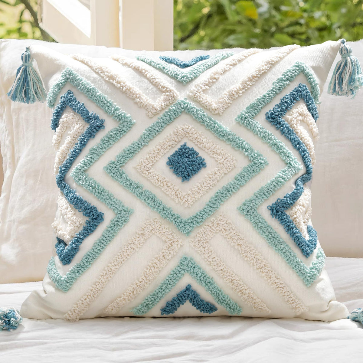 Boho Sofa Throw Pillow Covers – Exquisitely Crafted with Hand-Finished Tuft with Thick Cotton Tassel Details – Soft & Stylish Moroccan Decorative, 18x18inch (Spring Ruched)
