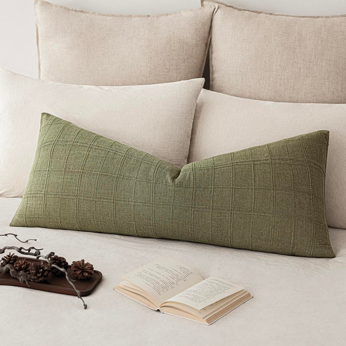 Foindtower Set of 1 Decorative Linen Check Throw Pillow Cover Neutral Farmhouse Lumbar Cushion Cover Modern Boho Home Decor for Sofa Chair Couch Bedroom Living Room,12×20 Inch,Olive Green
