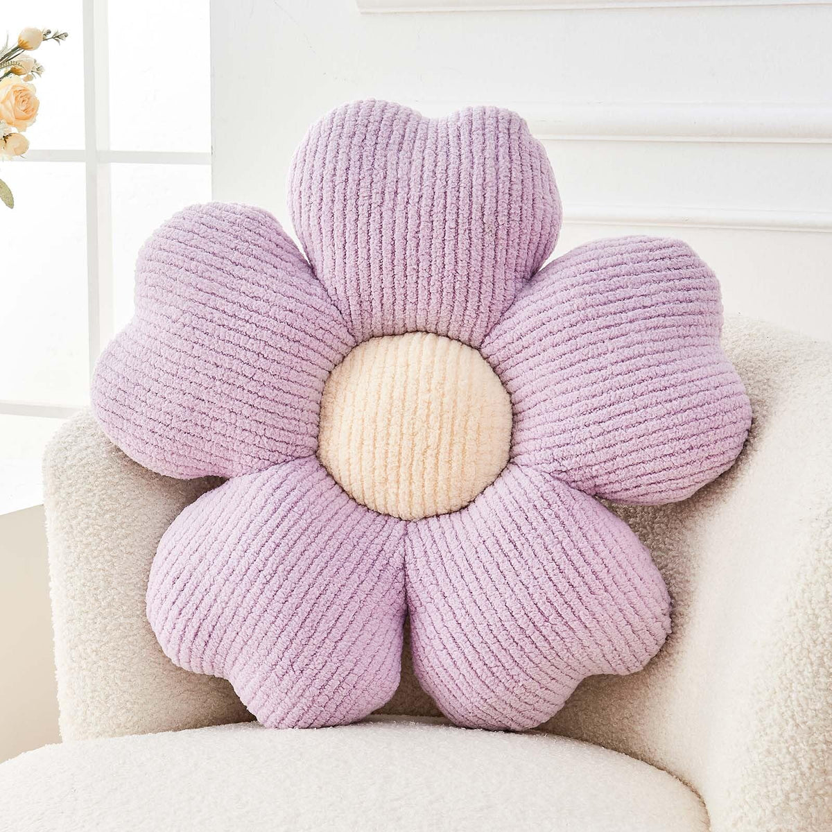 Kcvvcr Flower Throw Pillow, Cute Flower Shaped Pillow Decorative Throw Pillow for Bed Couch, Soft Daisy Pillows Floor Seating Cushion Cushions (14.9 Inch Ivory+Brown)