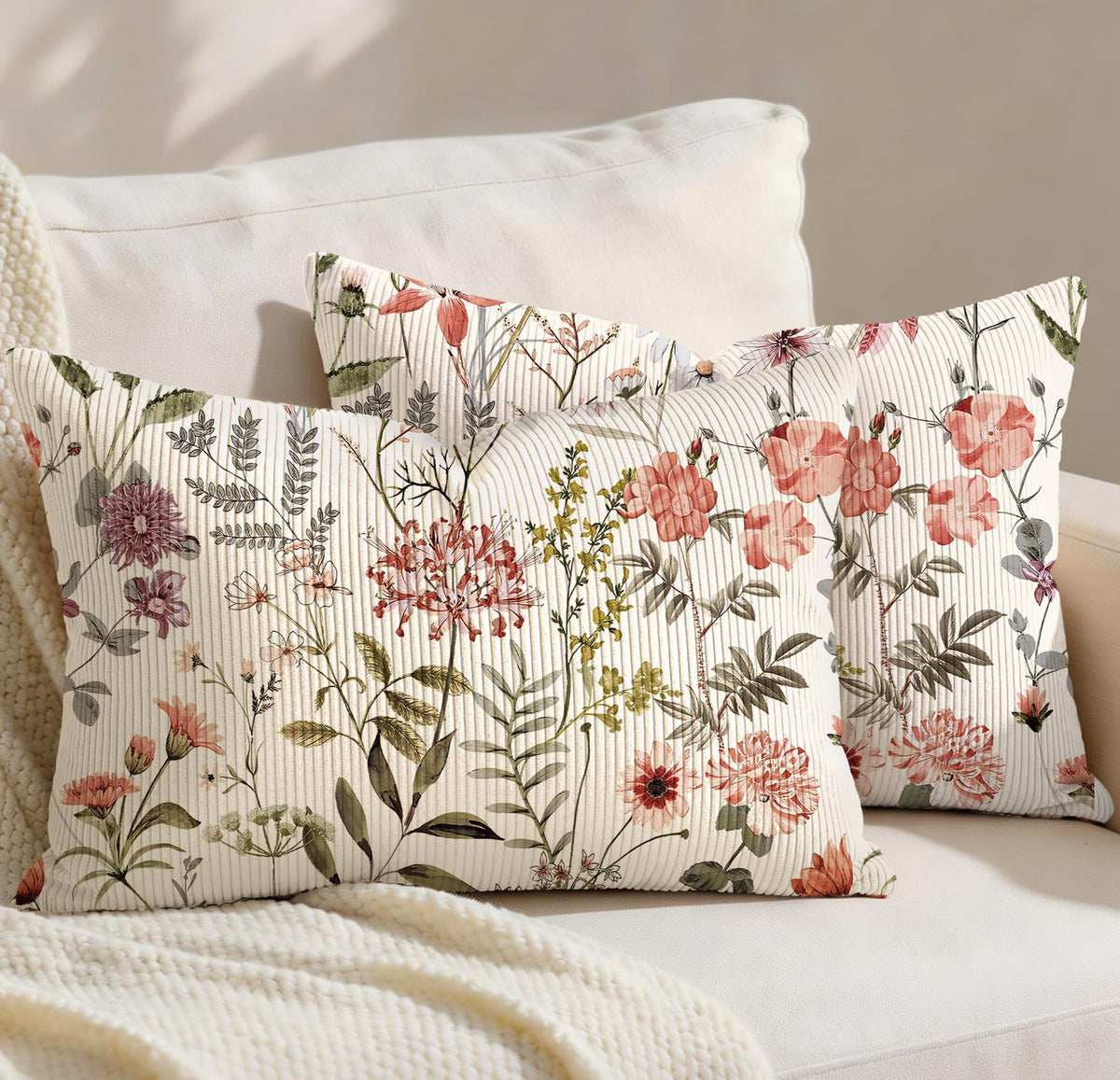 Corduroy Throw Pillow Covers 18x18 - Set of 2 Decorative Spring Pillow Covers with Zipper Farmhouse Decor Cottage Throw Pillowcases for Couch Sofa Living Room Home Bedroom, PK Floral