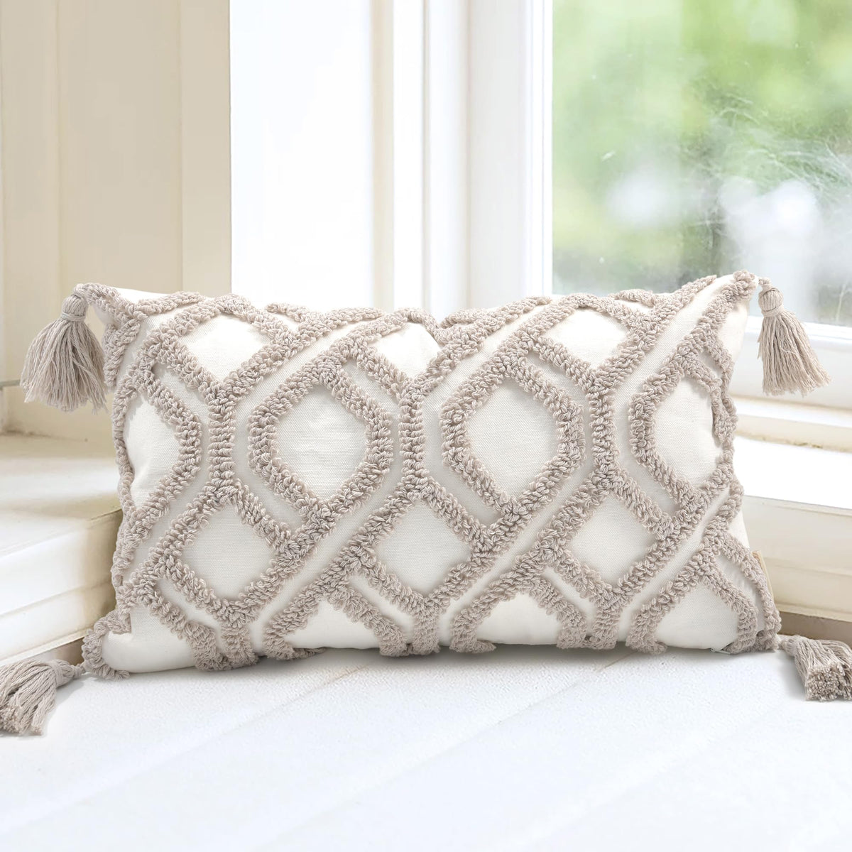 Boho Sofa Throw Pillow Covers – Exquisitely Crafted with Hand-Finished Tuft with Thick Cotton Tassel Details – Soft & Stylish Moroccan Decorative, 18x18inch (Spring Ruched)