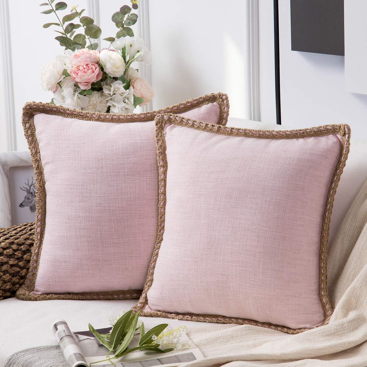Phantoscope Pack of 2 Coastal Aqua Pillow Covers 18x18, Textured Polyester with Rope Trim, Fade Resistant Vintage Turquoise Blue Decorative Cushion Cases, Hidden Zipper, Farmhouse Boho Beach Decor