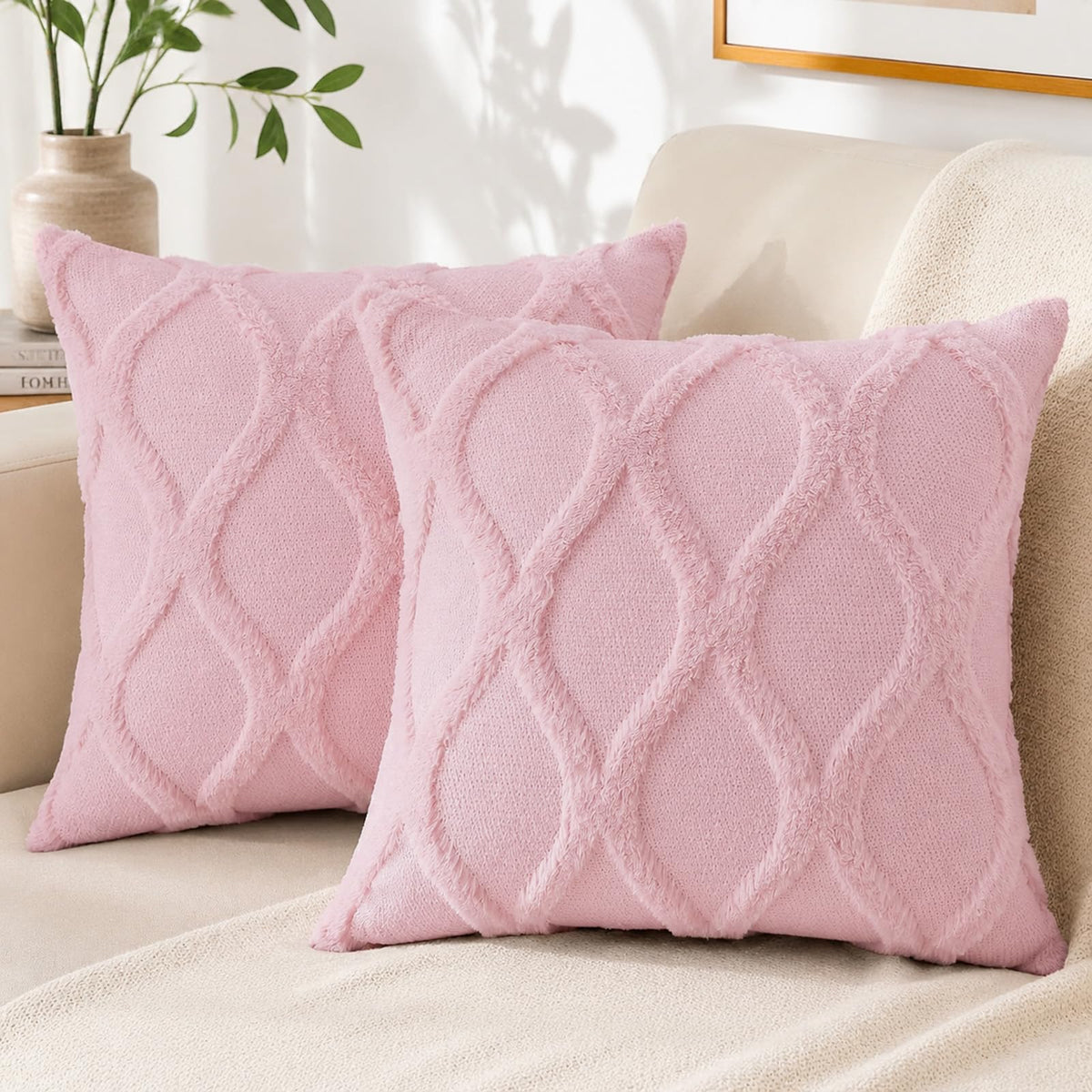 decorUhome Fall Throw Pillow Covers 18x18 Inch Set of 2, Soft Plush Faux Fur Wool Rust Couch Pillow Covers, Decorative Neutral Pillow Cases for Bed Sofa Living Room Home Decor