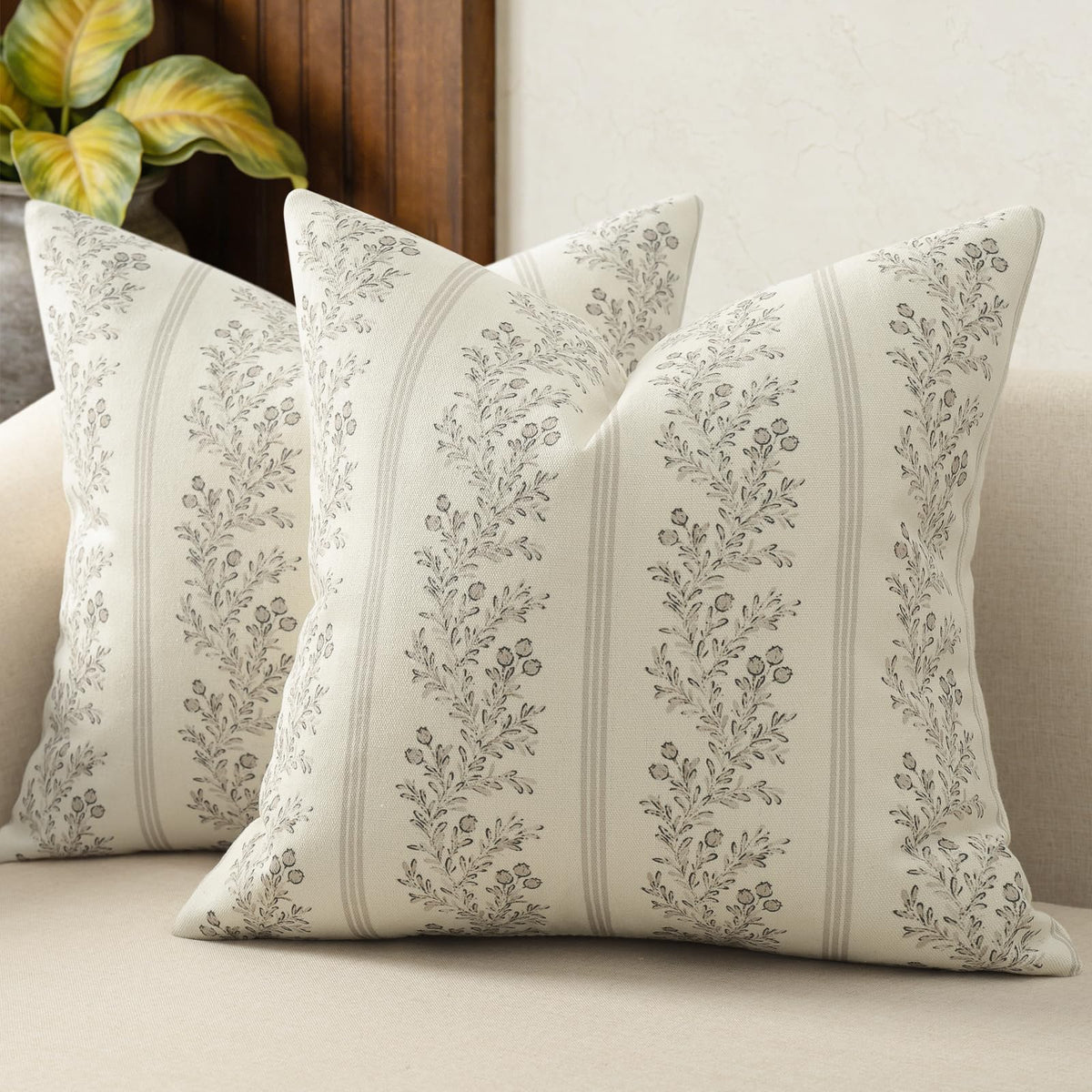 Vintage Throw Pillow Covers 20x20 Set of 2, Striped Floral Pillow Cover Botanical Patterned Decorative Cushion Covers Modern Farmhouse Home Decor for Sofa Couch Bed Living Room, Light Blue