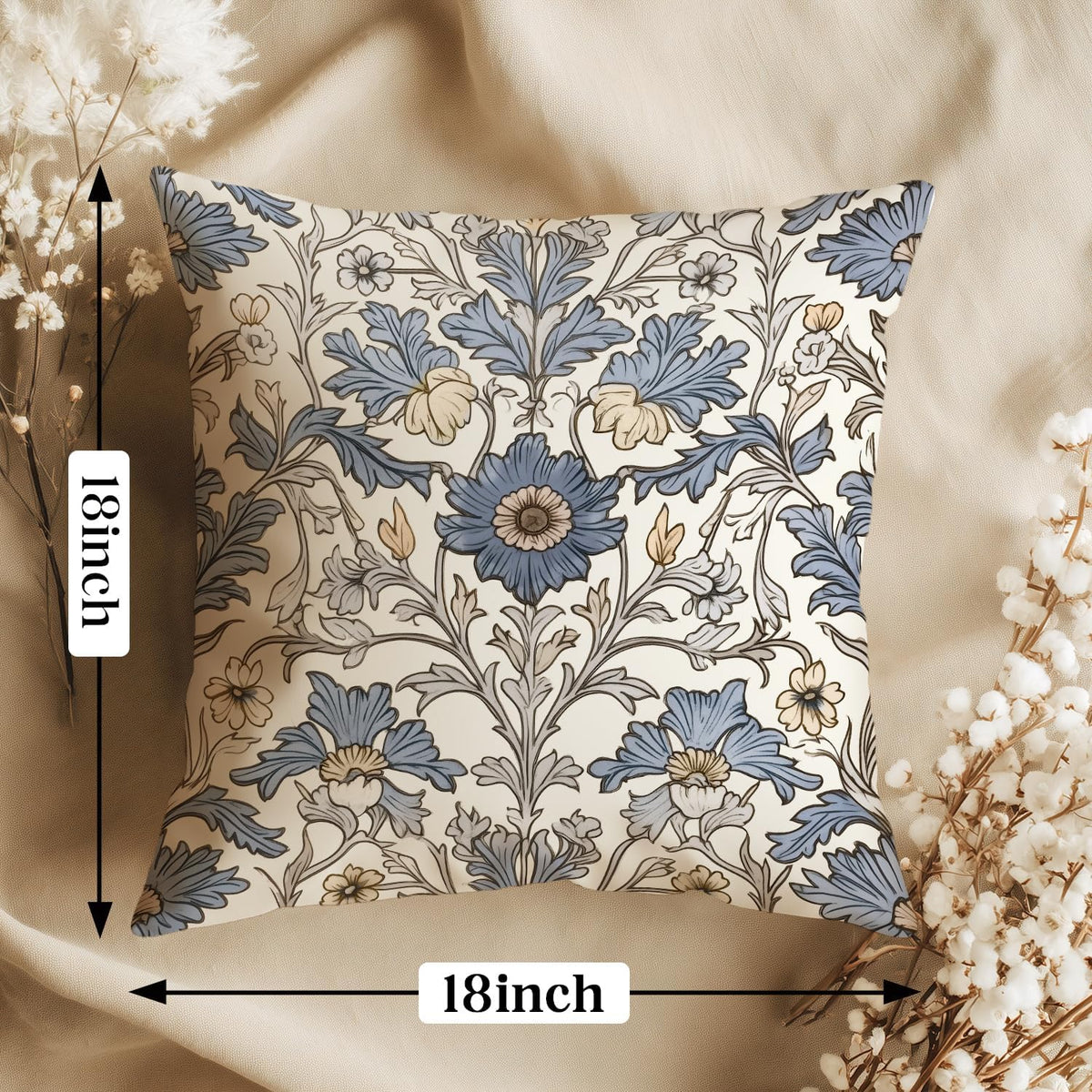 Vintage Blue Floral Throw Pillow Covers 18x18inch,William Morris Inspired Botanical Art Decorative Pillowcase Cushion Cover for Sofa Living Room Bed,Square Home Decor