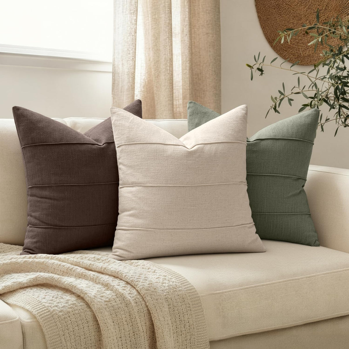 MIULEE Decorative Linen Throw Pillow Covers 18x18 Natural Beige Striped