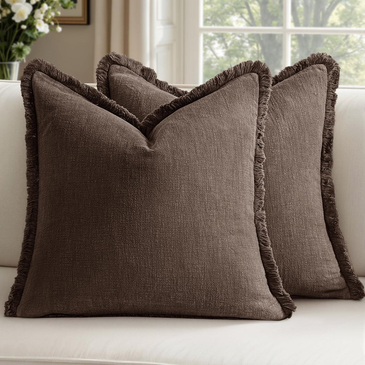 Linen Fringe Throw Pillow Covers 20x20 Inch Set of 2,Navy Blue