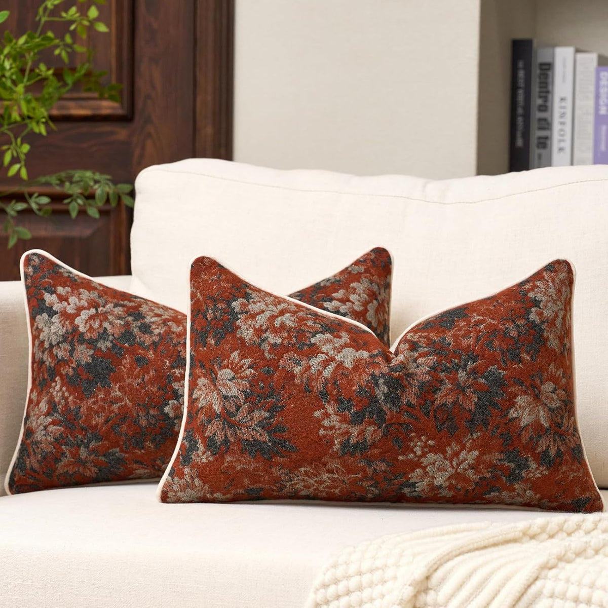 FANAMI Vintage Floral Lumbar Throw Pillow Covers 12x20 Set of 2 Boho Farmhouse Accent Pillowcase Neutral Modern Chenille Rectangle Decorative Cushion Covers for Couch Bed Living Room Home Decor, Rust