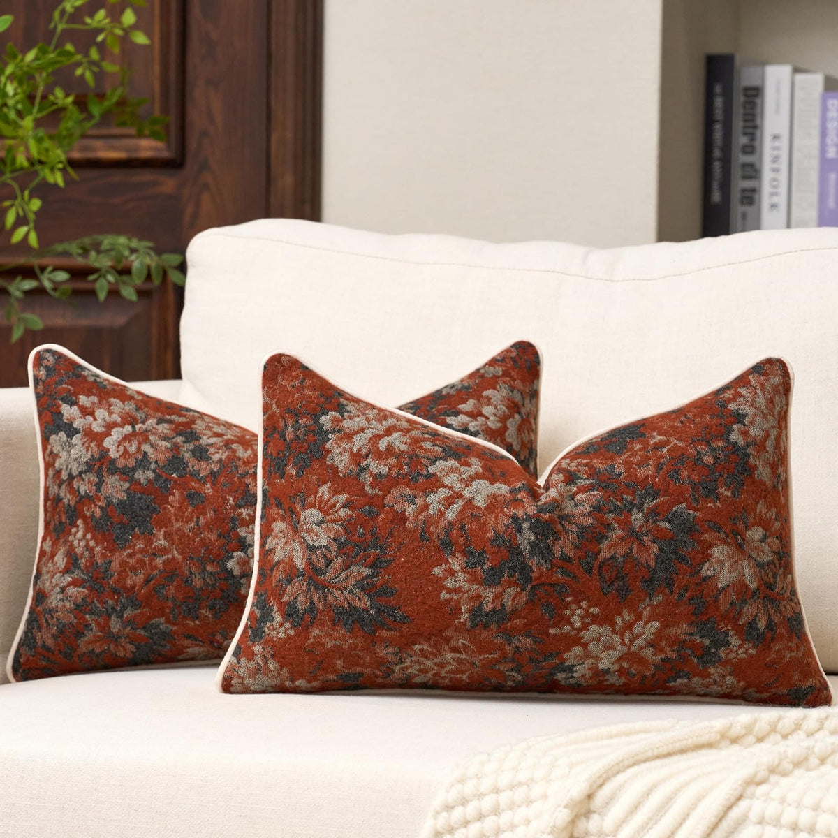 FANAMI Vintage Floral Lumbar Throw Pillow Covers 12x20 Set of 2 Boho Farmhouse Accent Pillowcase Neutral Modern Chenille Rectangle Decorative Cushion Covers for Couch Bed Living Room Home Decor, Rust