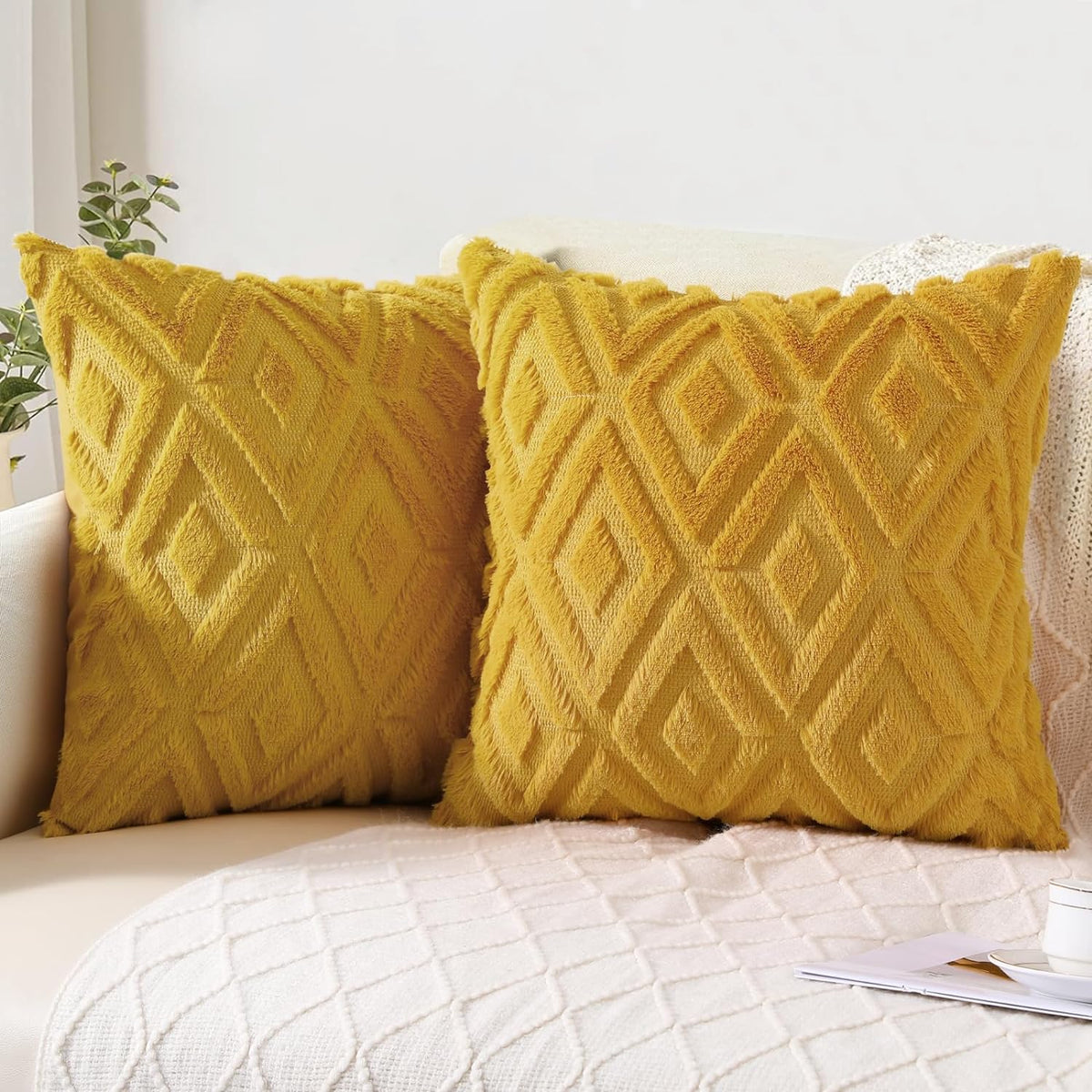 Pallene Fall Cream White Faux Fur Throw Pillow Covers 18x18 Set of 2