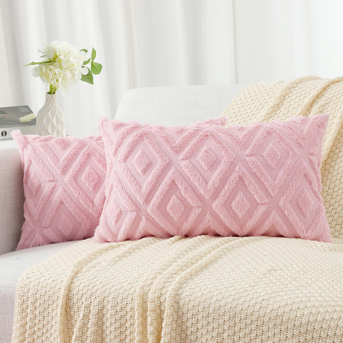 Pallene Fall Cream White Faux Fur Throw Pillow Covers 18x18 Set of 2