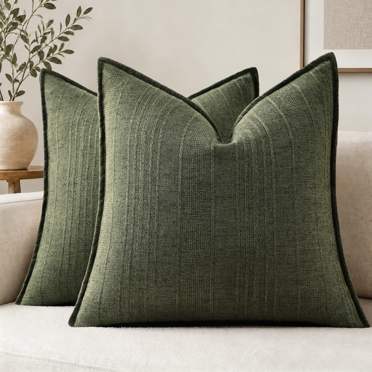 decorUhome Sage Green Textured Linen Throw Pillow Covers 18x18 Set of 2