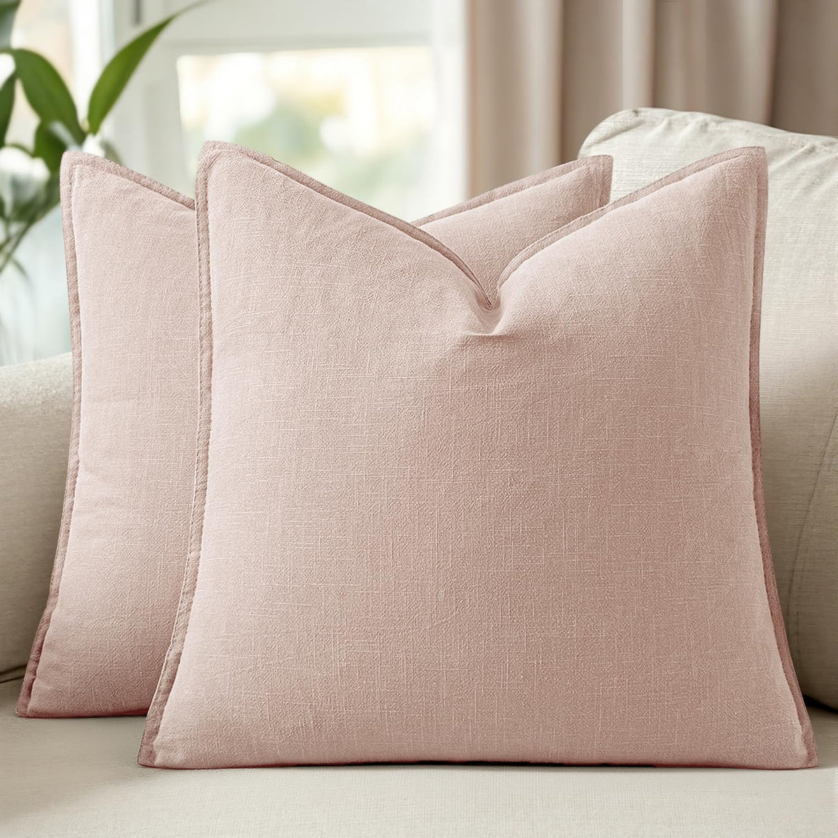 Set of 2 Linen Solid Throw Pillow Covers 20x20 Inch Dark Olive Green