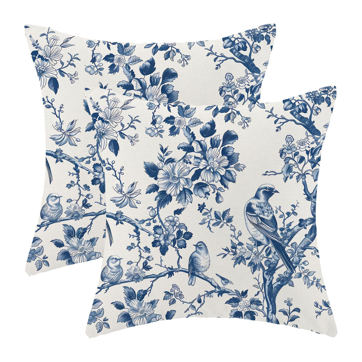 CXMEIFLY Spring Floral Birds Pillow Covers 22 x 22 Inch Set of 2 for Chinoiserie Flowers Decor Throw Pillows Blue and White Plant Outdoor Decorative Cushion Cases for Couch Bed Decorations