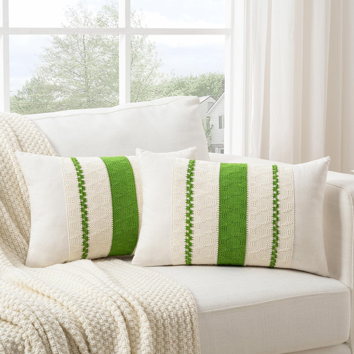 Fancy Homi Set of 2 Boho Olive Green Decorative Throw Pillow Cover 18x18 Inch for Couch Bed Sofa, Aesthetic Modern Organic Farmhouse Home Decor, Soft Cotton Cute Accent Macrame Woven Cushion Case