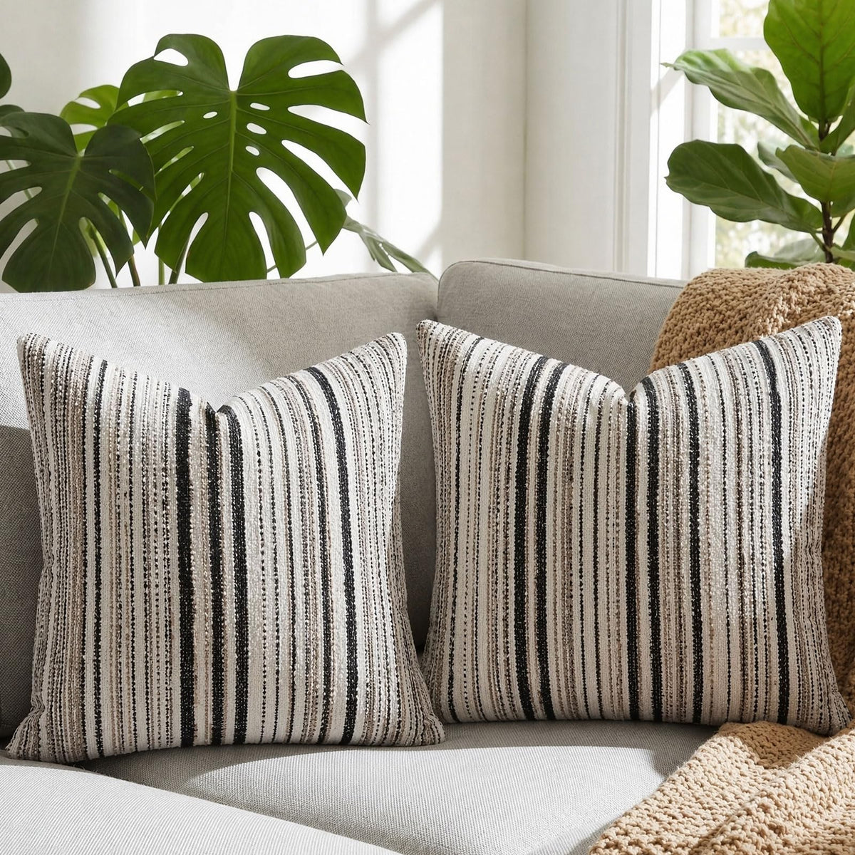 Set of 2 Striped Chenille Throw Pillow Covers 18x18 Inches Premium Plush Textured Decorative Cushion Covers Reinforced Hidden Zipper Mid-Century Modern Farmhouse Decor for Couch Sofa Beige
