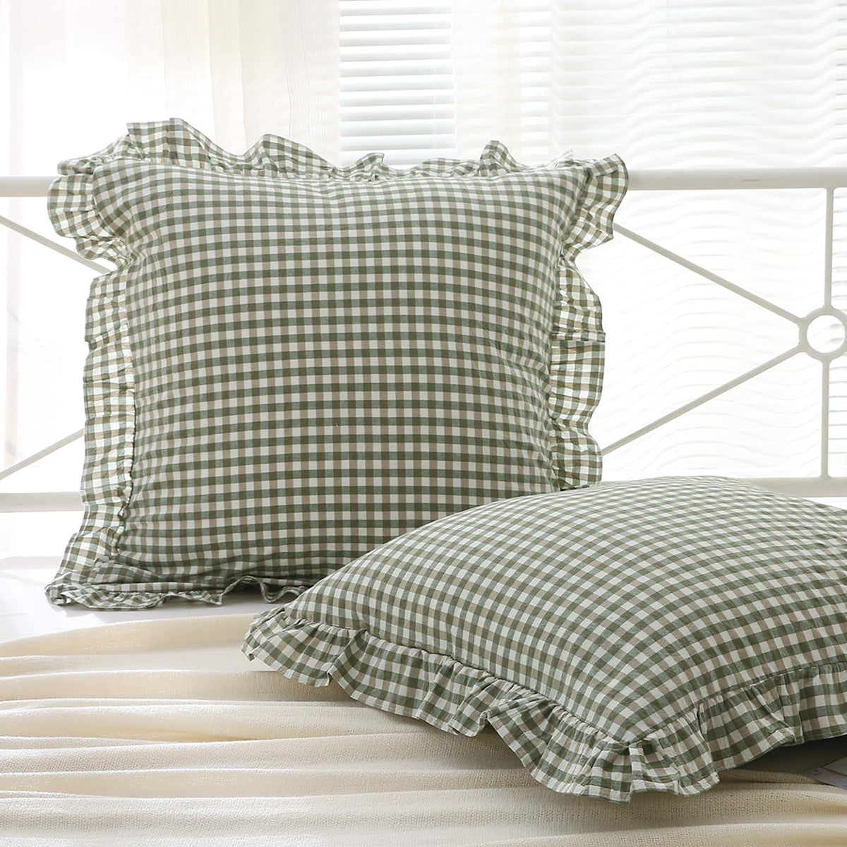 2 Pack Taupe White Gingham Ruffle Throw Pillow Covers 18''x18''