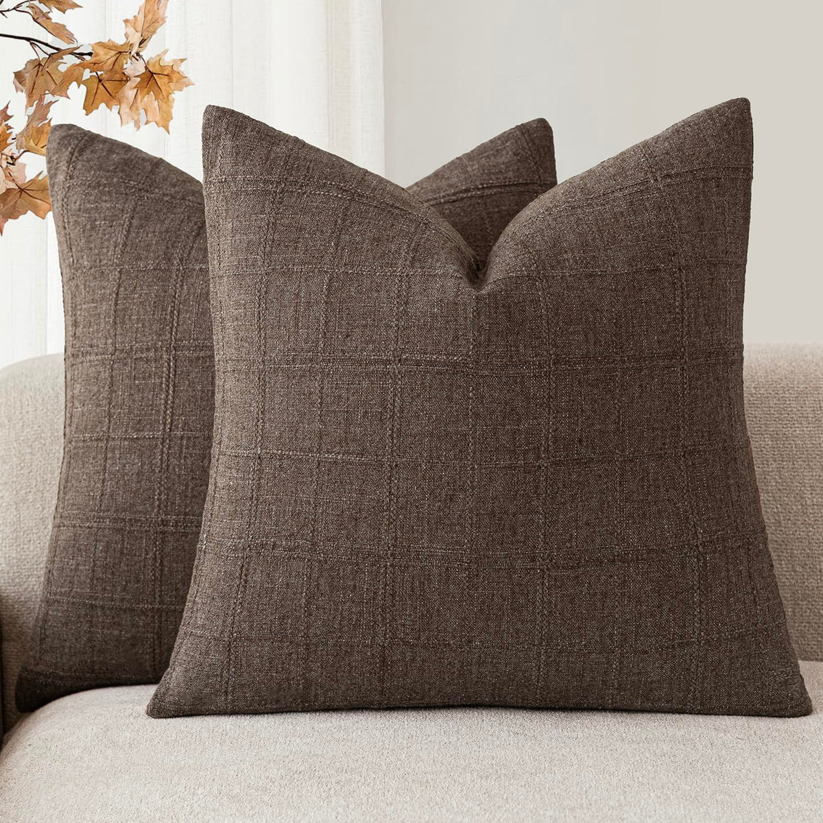 Foindtower Linen Check Decorative Throw Pillow Covers 18×18 Natural Beige
