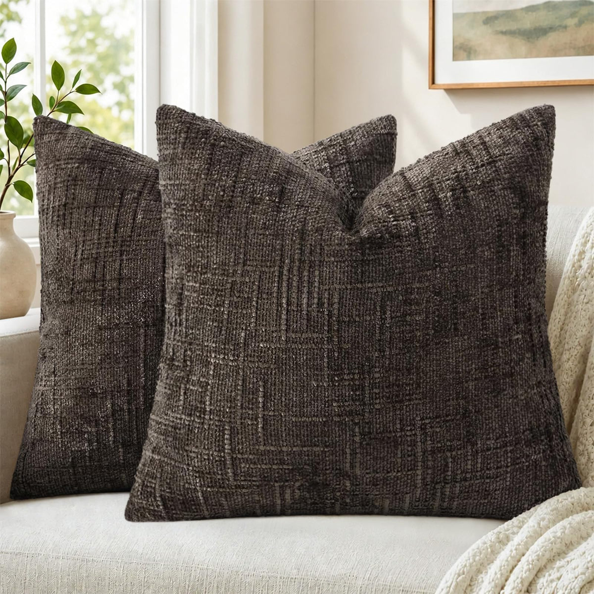 Pallene Cream White Textured Chenille Throw Pillow Covers 18x18 Set of 2
