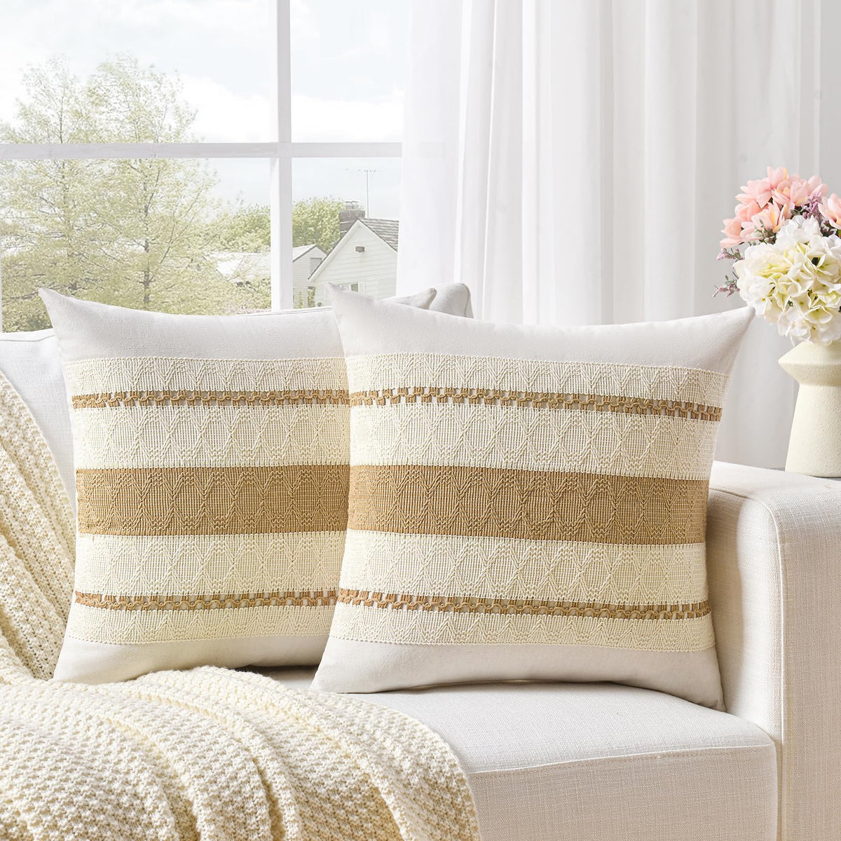 Fancy Homi Set of 2 Boho Olive Green Decorative Throw Pillow Cover 18x18 Inch for Couch Bed Sofa, Aesthetic Modern Organic Farmhouse Home Decor, Soft Cotton Cute Accent Macrame Woven Cushion Case