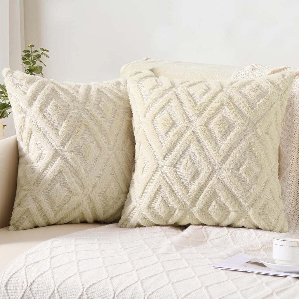 Pallene Fall Cream White Faux Fur Throw Pillow Covers 18x18 Set of 2